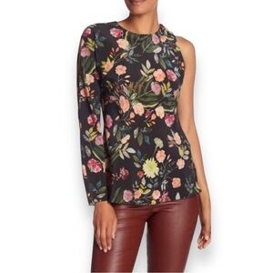 Theory Silk One Shoulder Blouse Floral Black